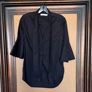 Palmer Harding Chic Black Cotton Blouse with Flared Sleeves and Tie